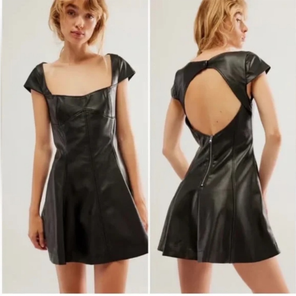 FREE PEOPLE Mimi Vegan Leather Mini Dress in Black Size 4 NWT Keyhole Back